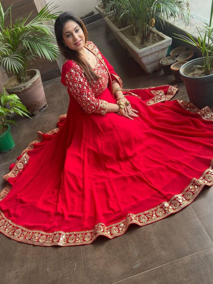 Vishal Georgette Red Floral Anarkali Gown with Dupatta - Absolutely Desi